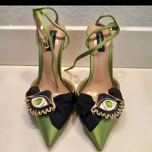 DSQUARED Green Satin Eye Embellished Heels
